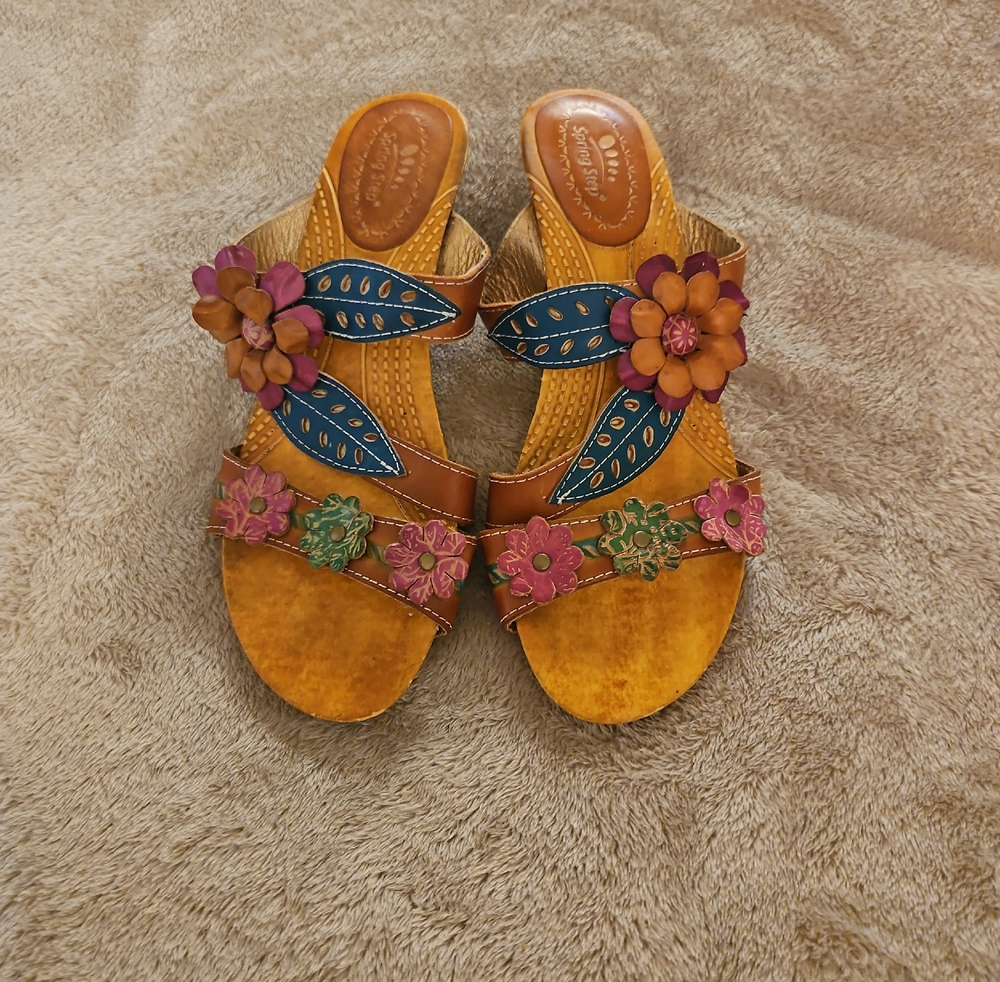 Spring Step Mustard Tan Floral Slide Sandals with Blue Leaves